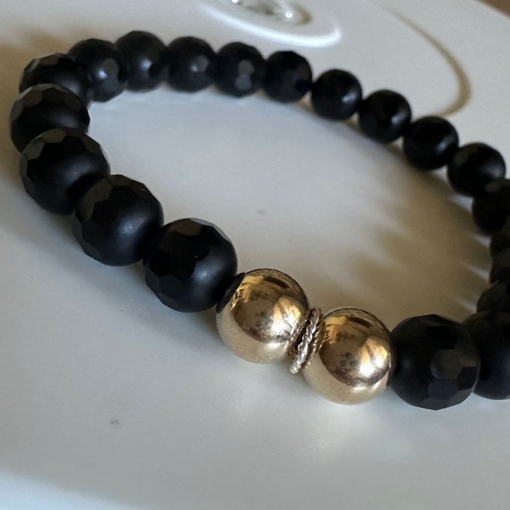 8mm Matte & Faceted Onyx Stretch Bracelet w/ 14k Gold Filled Spacers - Picture 6 of 7